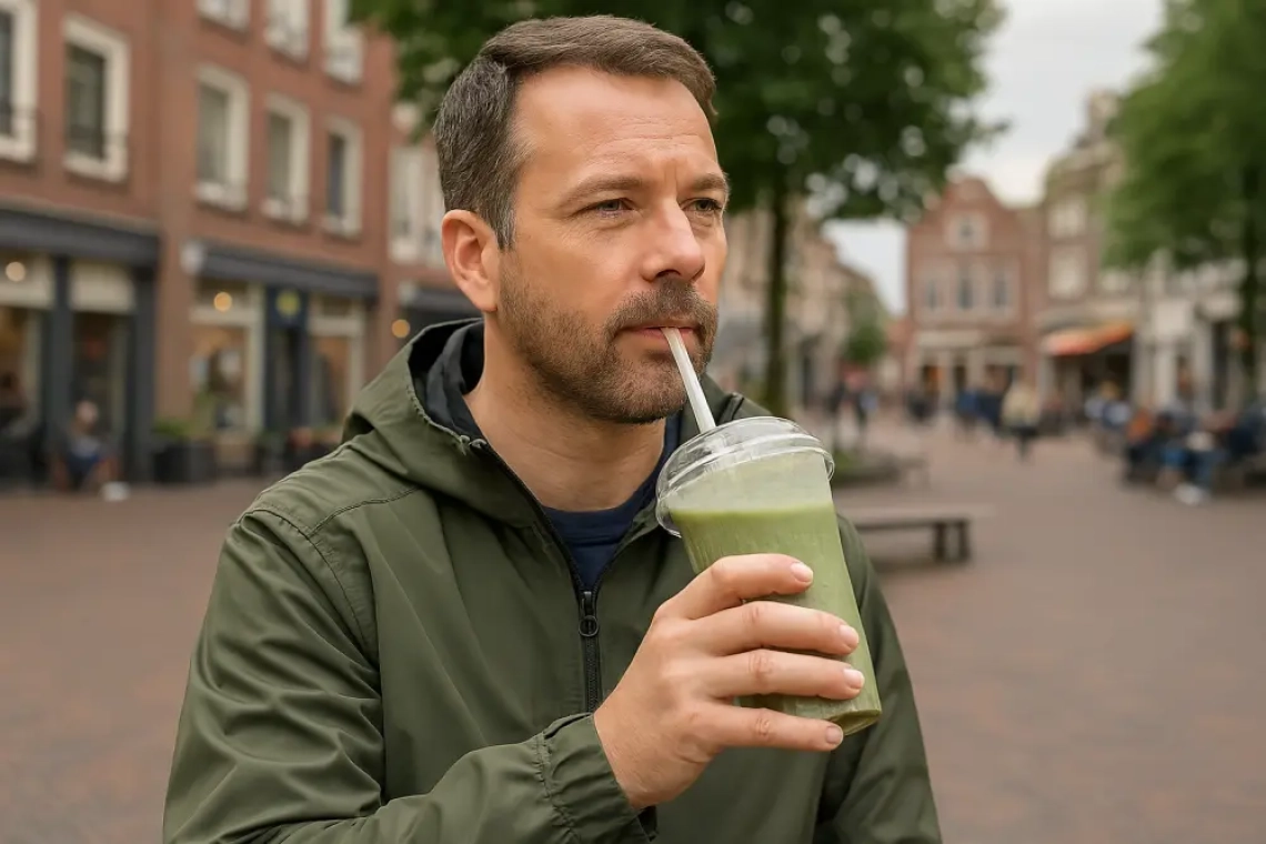Man van begin 40 drinkt een groene smoothie op een stadsplein in Veenendaal, gekleed in een sportieve jas en met een zelfverzekerde blik